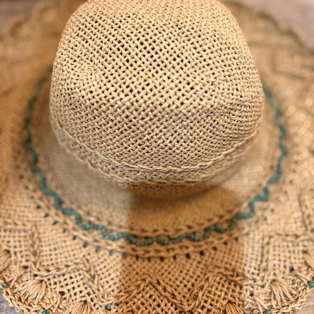 Talbots Beige Straw Sun Hat with Teal Accent